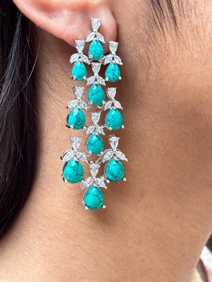 Large Turquoise Earrings Statement Big Chandelier Long Dangle Firoza Stone Moissanite Blue Gemstone Jewelry