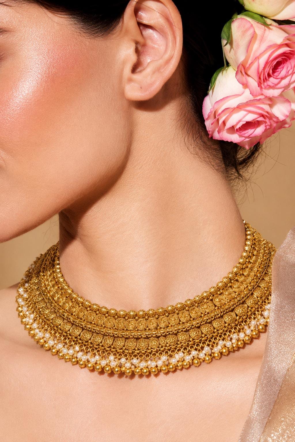 Antique Golden Indian Necklace Gold Plated Pearl Choker South Indian Bridal Jewelry Temple Set