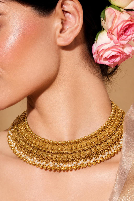 Antique Golden Indian Necklace Gold Plated Pearl Choker South Indian Bridal Jewelry Temple Set