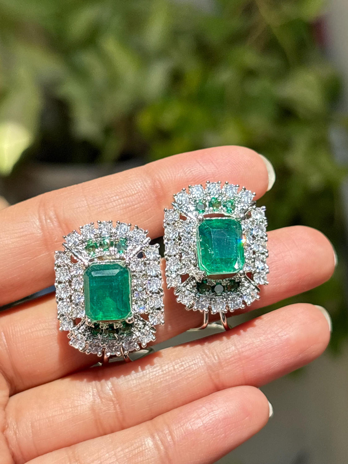 Large Emerald Doublet Earrings Statement Studs Moissanite Diamond Green Paraiba Tourmaline Cubic Zirconia Jewelry