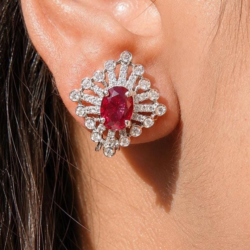 Ruby Diamond Earrings Statement Studs CZ Moissanite Small Red Stone Jewelry Birthday Gift Her