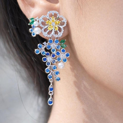 Sapphire Diamond Earrings Yellow CZ Jewelry Moissanite Statement Cubic Zirconia Blue Flower Hangings Wedding