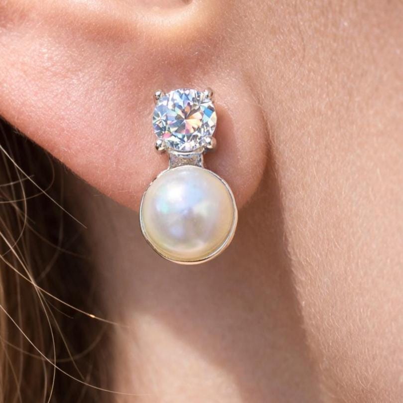 Pearl Diamond Earrings Small CZ Moissanite Cubic Zirconia White Pearl Bridesmaid Jewelry Wedding Gift