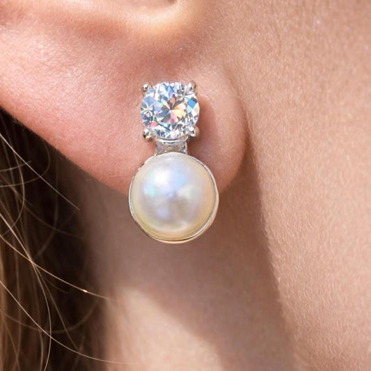 Pearl Diamond Earrings Small CZ Moissanite Cubic Zirconia White Pearl Bridesmaid Jewelry Wedding Gift