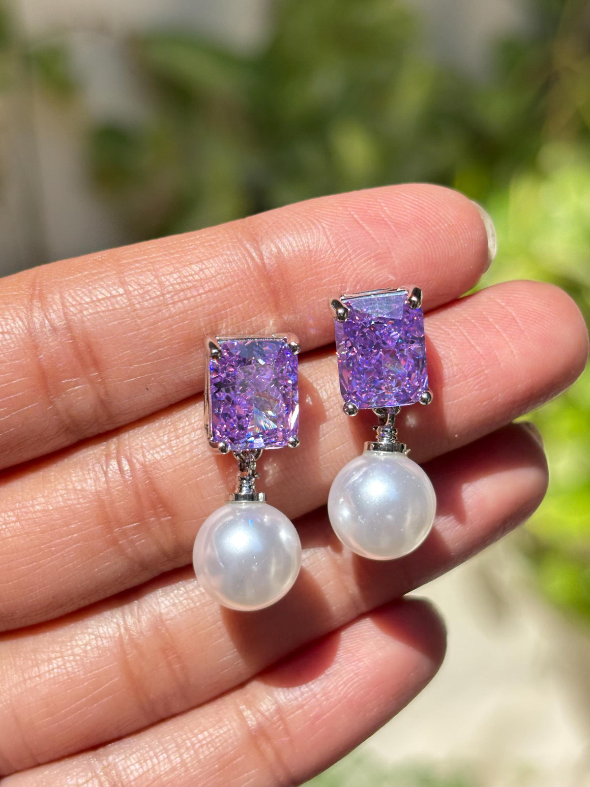 Purple Diamond Earrings Pearl Drop Statement Lavender Purple Sapphire Stone Jewelry Moissanite Designer Gift