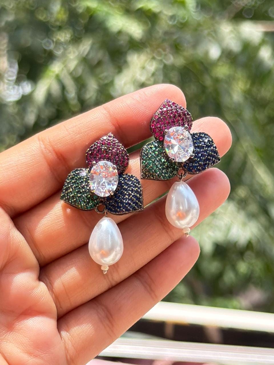 Pearl Drop Earrings Pave Setting Ruby Stone Sapphire Diamond Green Emerald Multicolor Wedding Jewelry