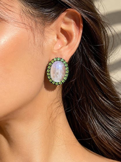 Large Purple Stone Earrings Green Diamond Statement Studs Oval Shape Designer Oversized Studs CZ