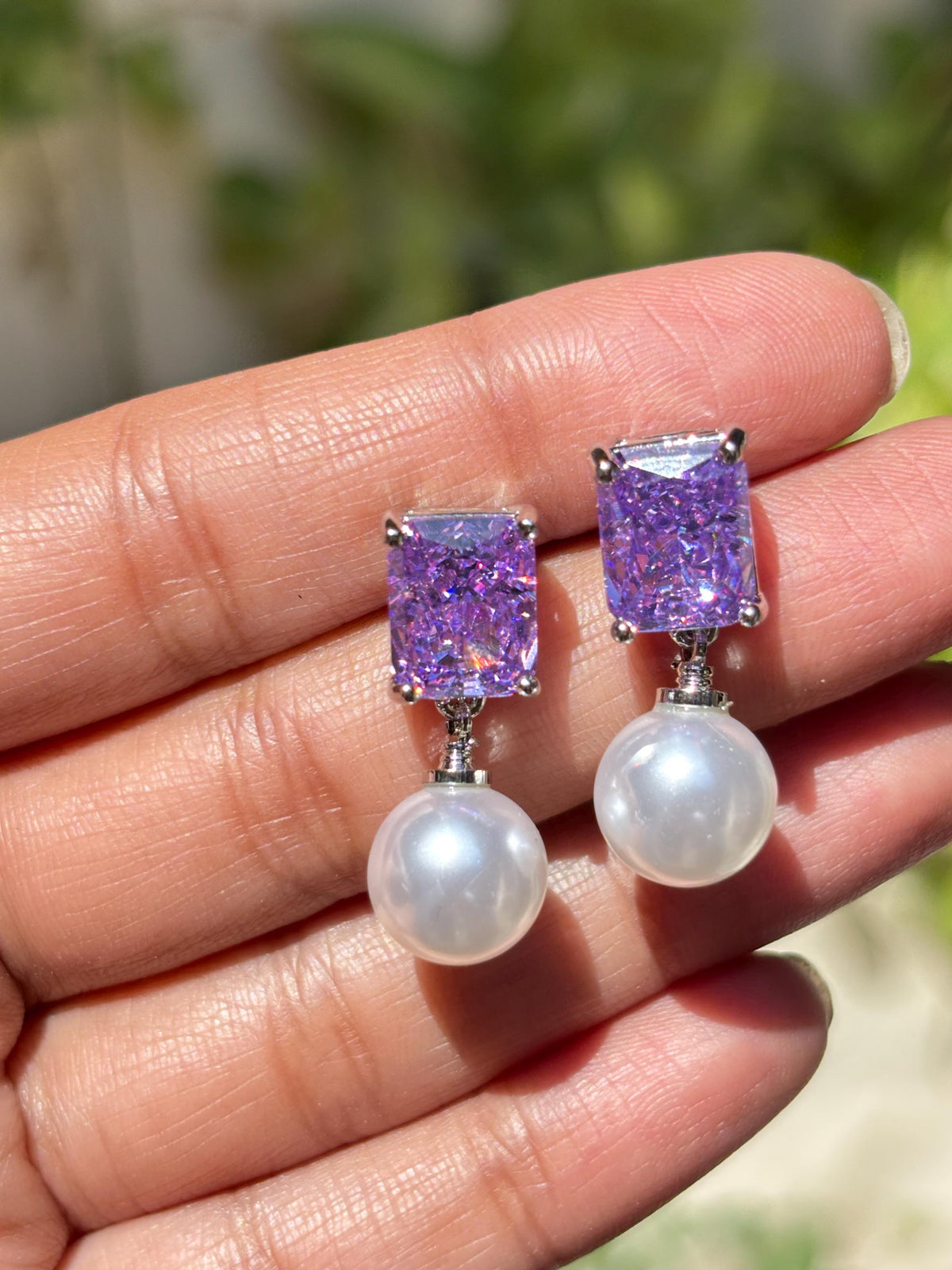 Purple Diamond Earrings Pearl Drop Statement Lavender Purple Sapphire Stone Jewelry Moissanite Designer Gift