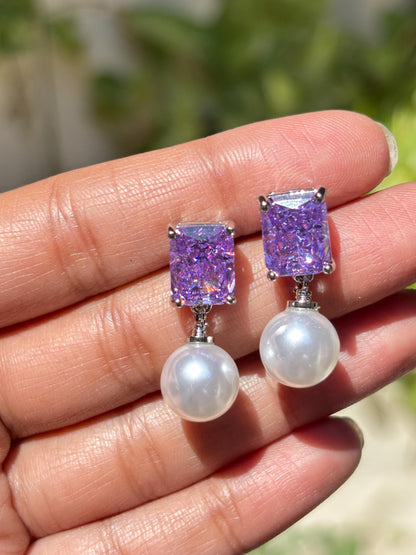 Purple Diamond Earrings Pearl Drop Statement Lavender Purple Sapphire Stone Jewelry Moissanite Designer Gift