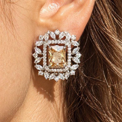 Champagne Diamond Earrings Large Statement Studs CZ Moissanite Champagne Stone Jewelry Cubic Zirconia Gift