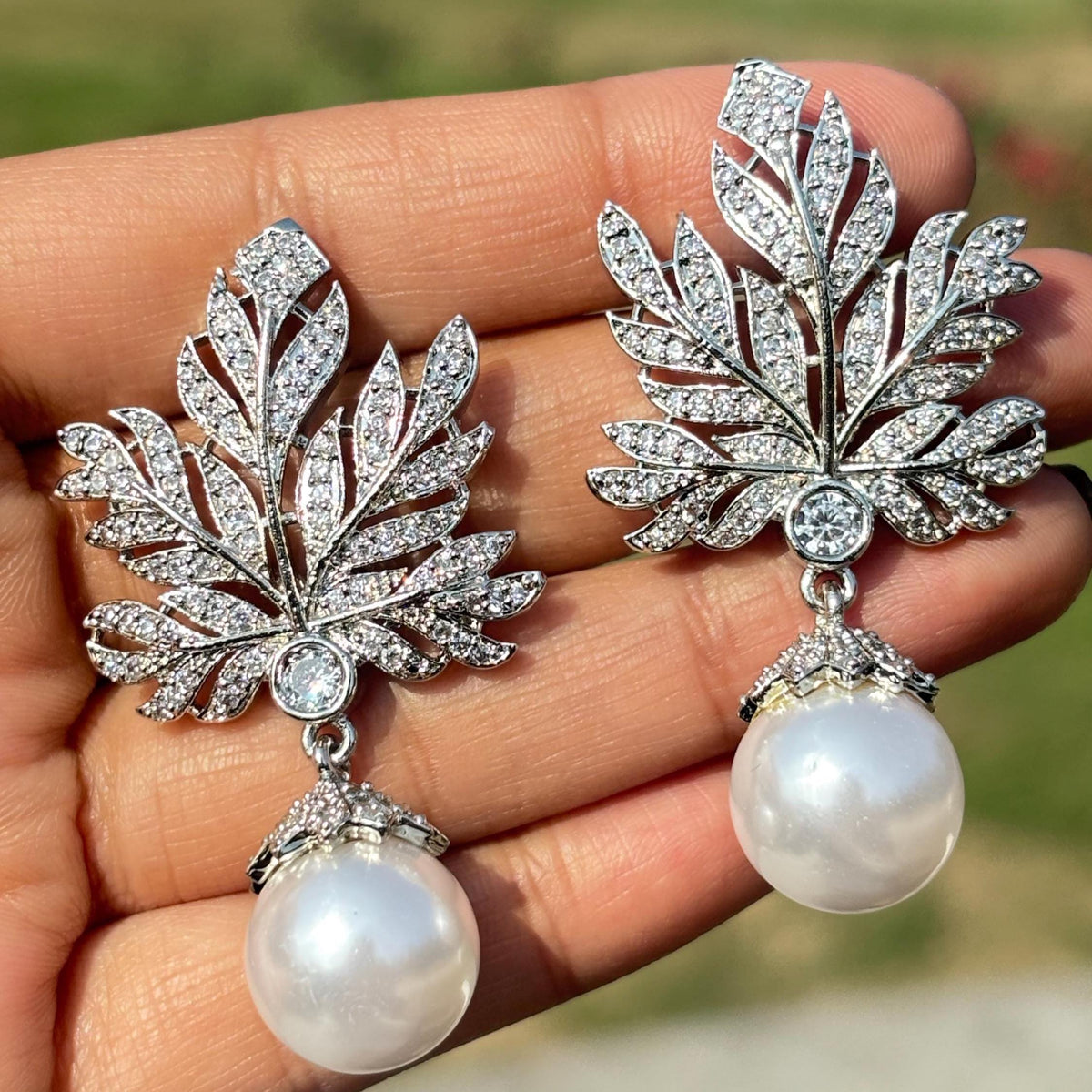 Large Diamond And Pearl Earrings Leaf Shape Statement Chandelier Pearl Drop CZ Moissanite Jewelry