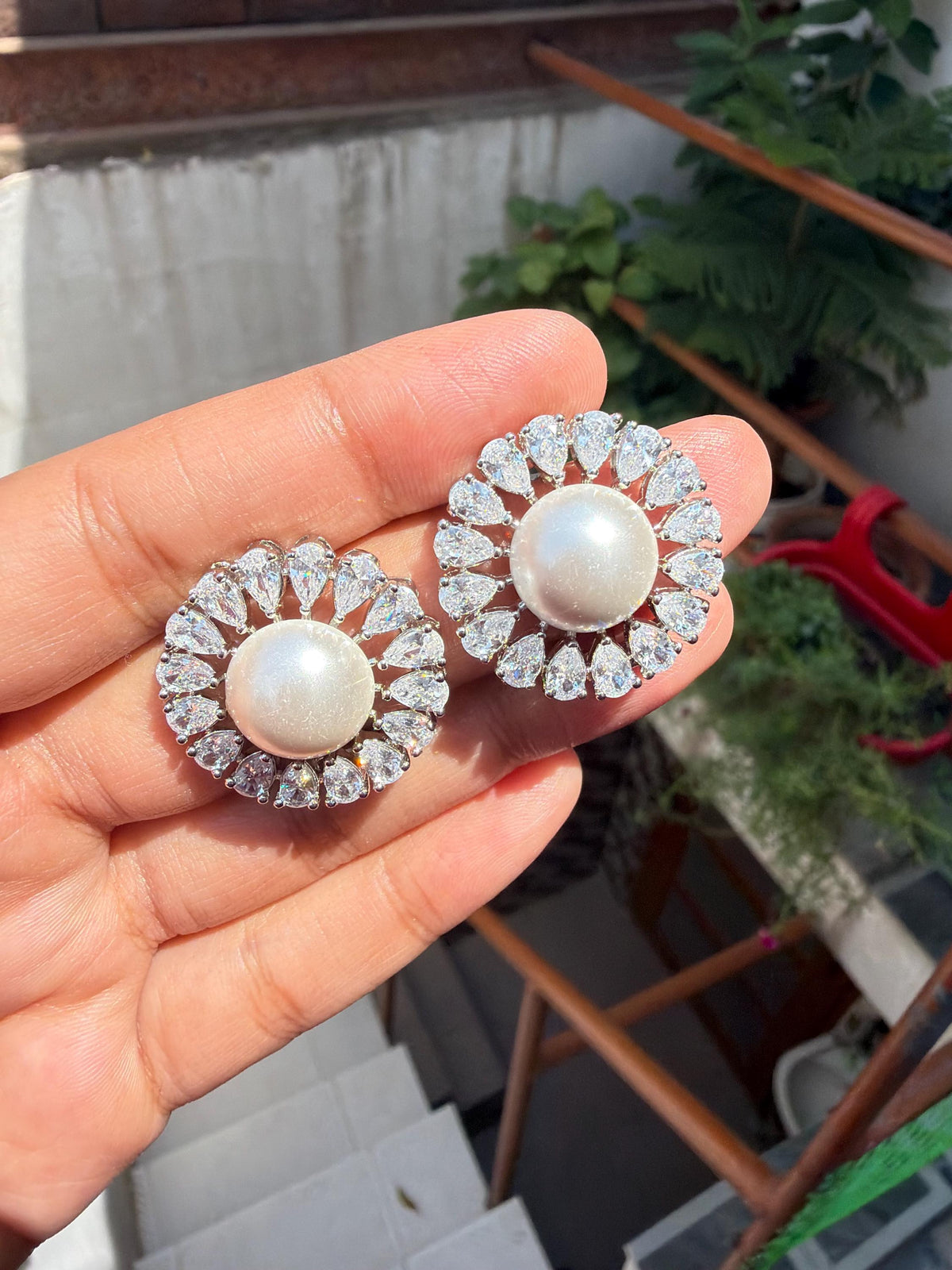 Large Pearl Earrings Cubic Zirconia CZ Moissanite Statement Studs Big Huge Everyday Style Wedding
