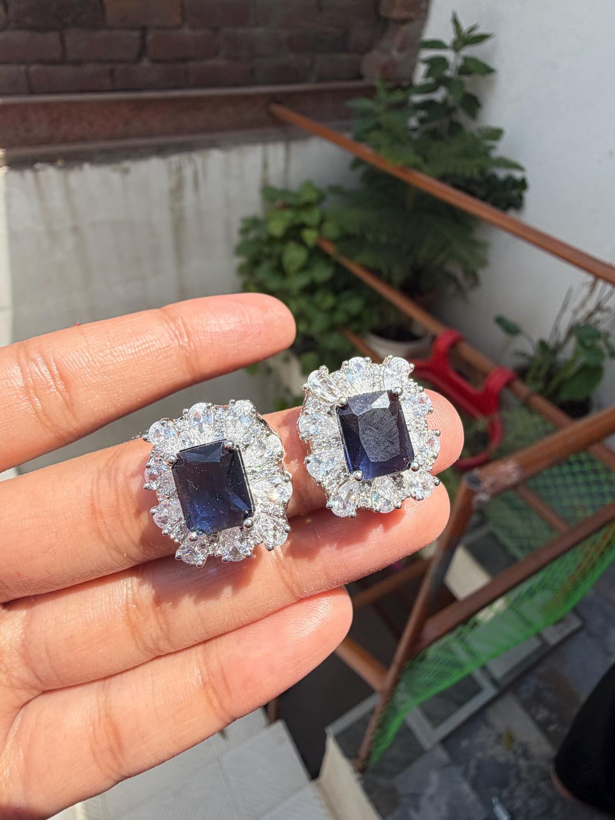 Sapphire Diamond Earrings Large Statement Studs Big Royal Blue Stone Jewelry Wedding Moissanite CZ