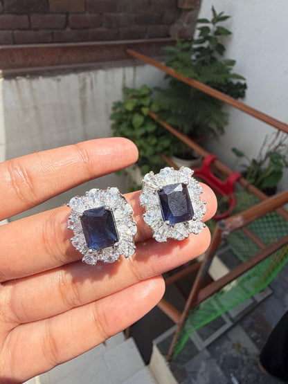 Sapphire Diamond Earrings Large Statement Studs Big Royal Blue Stone Jewelry Wedding Moissanite CZ