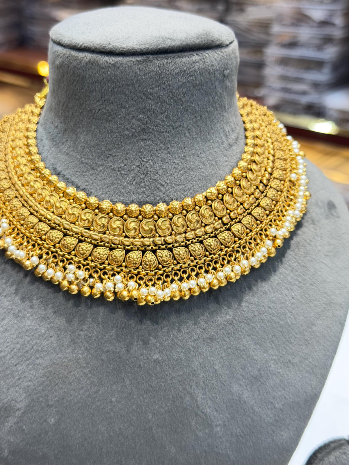 Antique Golden Indian Necklace Gold Plated Pearl Choker South Indian Bridal Jewelry Temple Set