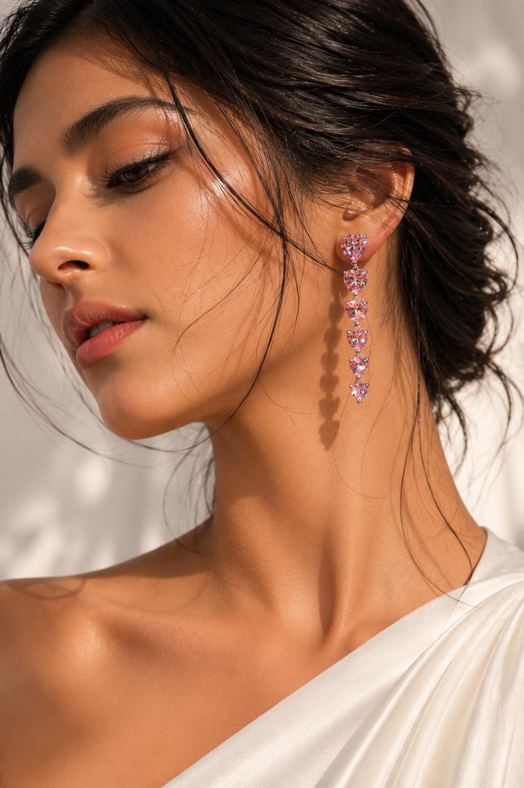 Pink Diamond Earrings Heart Shape Long Dangle Statement Moissanite Pink Sapphire Stone Cocktail Jewelry