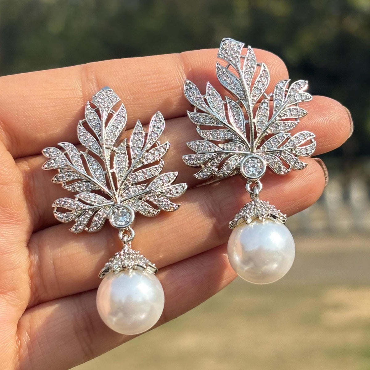 Large Diamond And Pearl Earrings Leaf Shape Statement Chandelier Pearl Drop CZ Moissanite Jewelry
