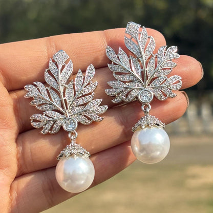 Large Diamond And Pearl Earrings Leaf Shape Statement Chandelier Pearl Drop CZ Moissanite Jewelry