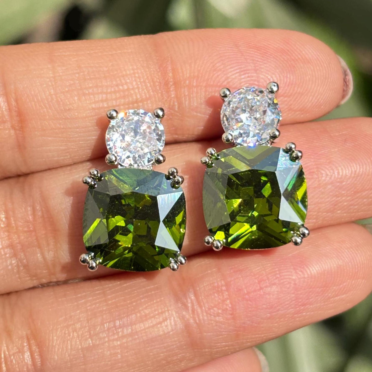 Peridot Earrings Small CZ Moissanite Diamond Green Stone Statement Designer Peridot Jewelry Gift Her