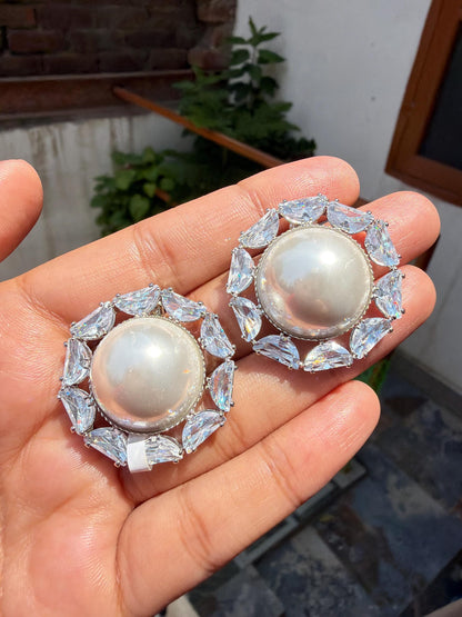 Huge Pearl Diamond Earrings Statement CZ Moissanote Large Studs Cubic Ziconia Bride Wedding Gift