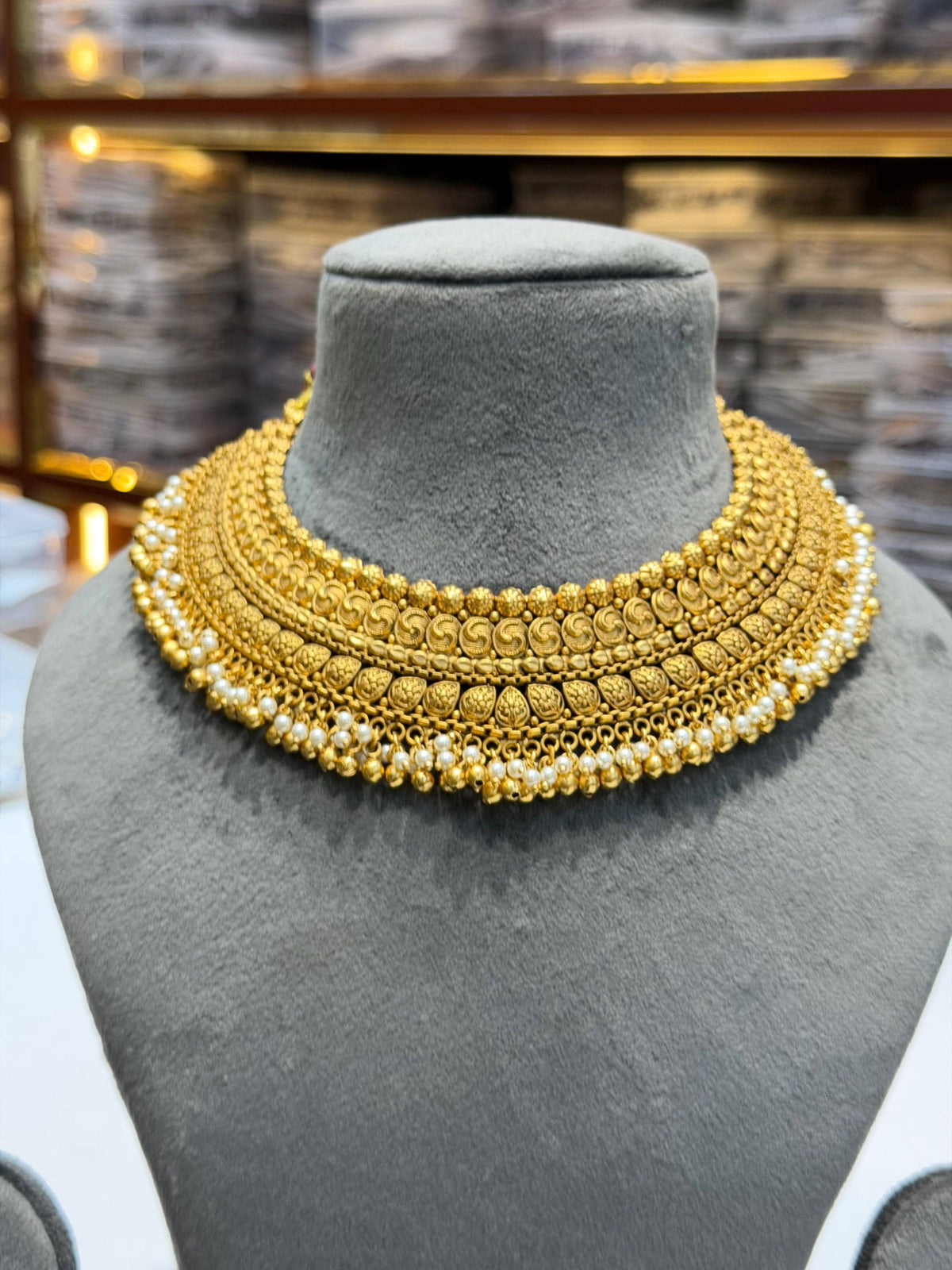 Antique Golden Indian Necklace Gold Plated Pearl Choker South Indian Bridal Jewelry Temple Set