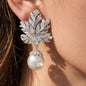Large Diamond And Pearl Earrings Leaf Shape Statement Chandelier Pearl Drop CZ Moissanite Jewelry