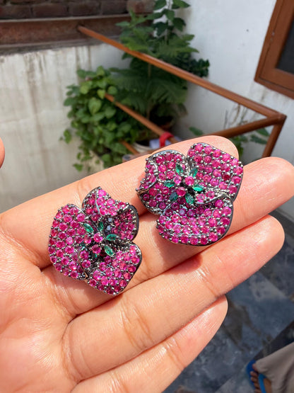 Pink Sapphire Earrings Statement Studs Large Ruby Diamond Green Emerald Moissanite Pave Setting Jewelry