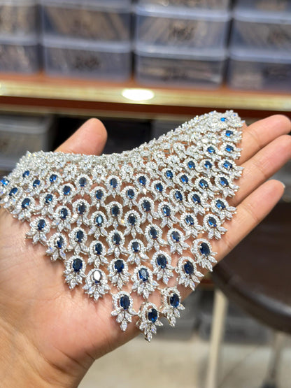 Sapphire Diamond Necklace Statement Indian Cubic Zirconia Blue Stone Jewelry American Diamond Bride Wedding