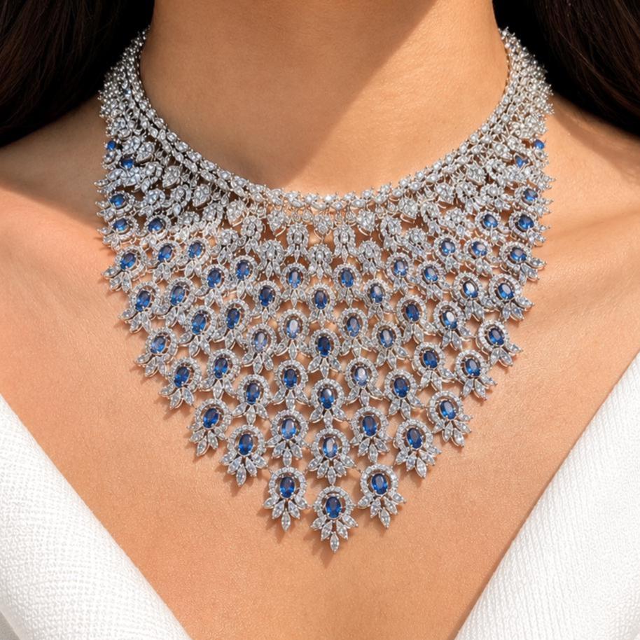 Sapphire Diamond Necklace Statement Indian Cubic Zirconia Blue Stone Jewelry American Diamond Bride Wedding