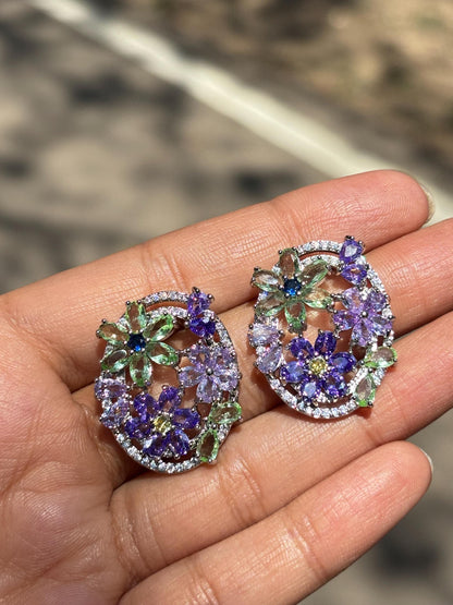 Large Purple Diamond Earrings Green Statement Studs Big Multicolor Mix Stone Lavender Stone Jewelry