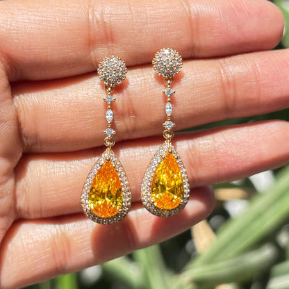 Yellow Diamond Earrings Statement Dangle Canary Stone Jewelry Gold Plated Yellow Sapphire CZ Moissanite