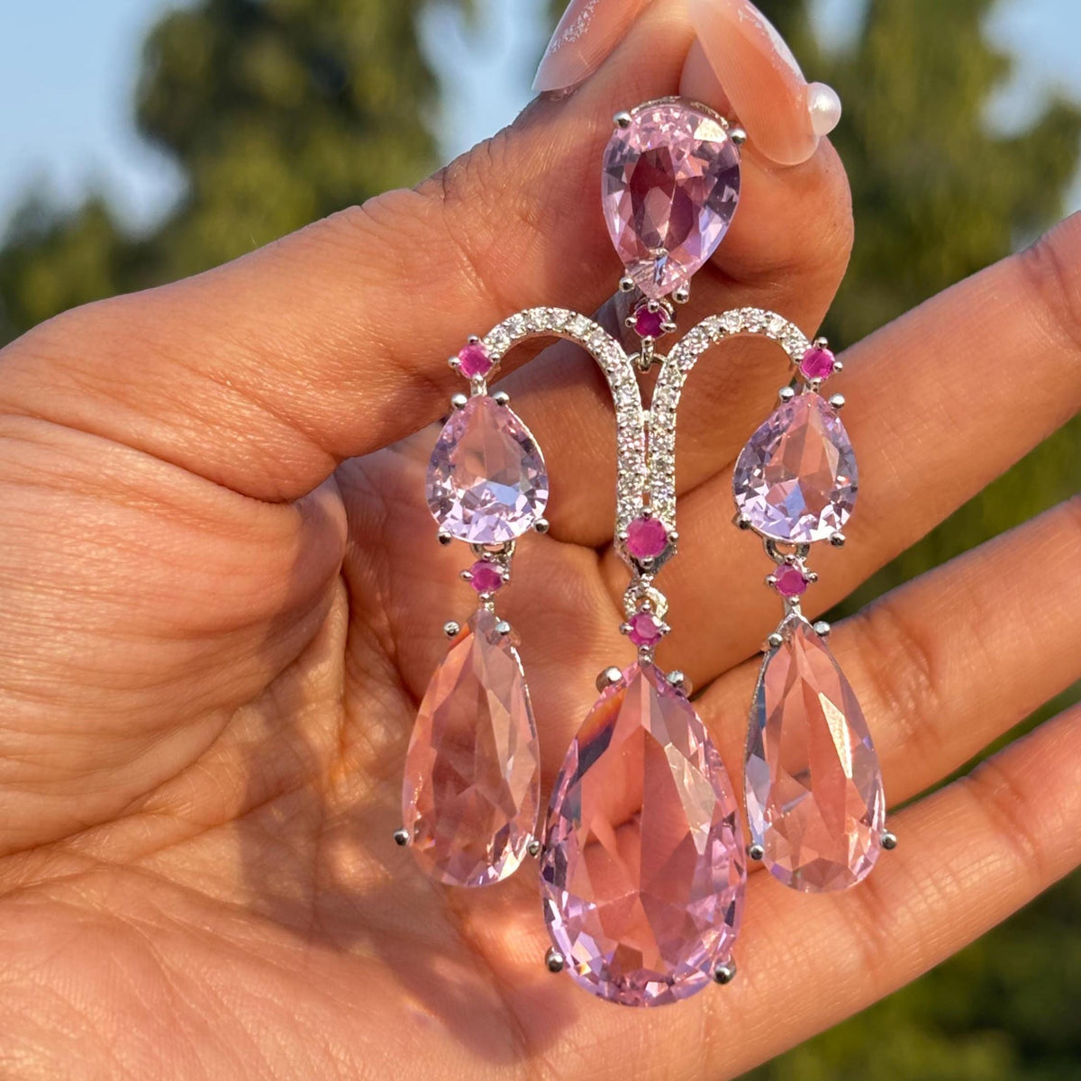 Pink Chandelier Earrings Moissanite Statement Teardrop Shape Pink Sapphire Large Dangle CZ Wedding Jewelry