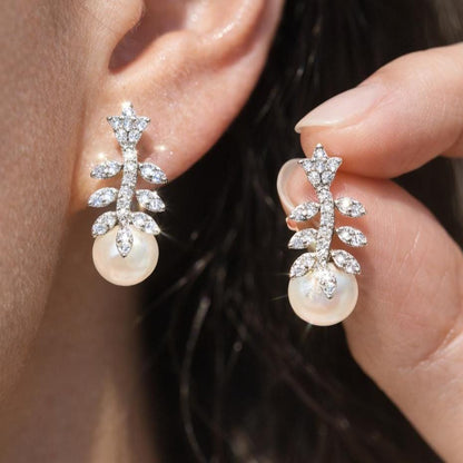 Pearl Drop Earrings Small Minimalist Moissanite Diamond CZ Fresh Pearls Everyday Jewelry Gift Her