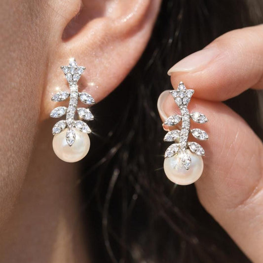 Pearl Drop Earrings Small Minimalist Moissanite Diamond CZ Fresh Pearls Everyday Jewelry Gift Her