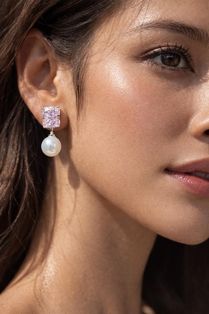 Pink Diamond Earrings Pearl Drop Statement Dangle Light Pink Sapphire Color Stone Jewelry Gift