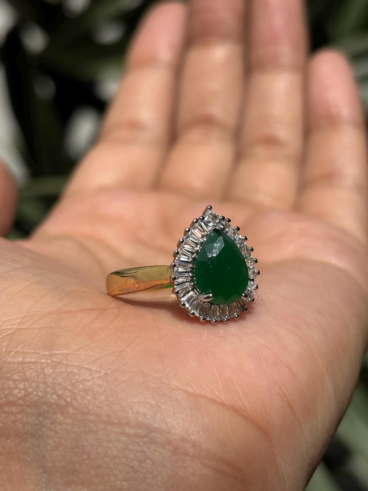 Emerald Diamond Ring Pearl Shape Stone Statement Moissanite Engagement Green Gold Plated Jewelry Gift
