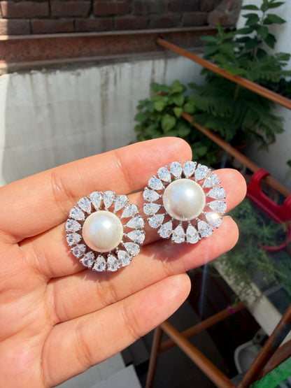 Large Pearl Earrings Cubic Zirconia CZ Moissanite Statement Studs Big Huge Everyday Style Wedding