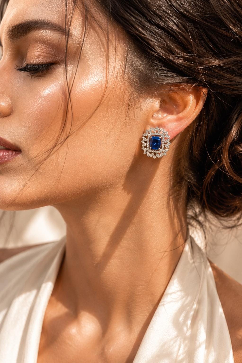 Sapphire Diamond Earrings Large Statement Studs Blue Stone CZ Cubic Zirconia Cocktail Jewelry Gift