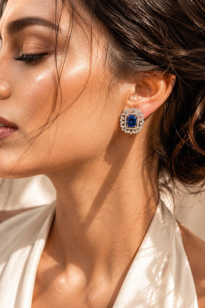 Sapphire Diamond Earrings Large Statement Studs Blue Stone CZ Cubic Zirconia Cocktail Jewelry Gift