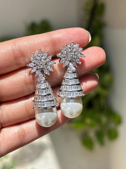 Moissanite Diamond Pearl Drop Earrings Statement Dangle Pearl Cubic Zirconia CZ Bride Wedding Jewelry