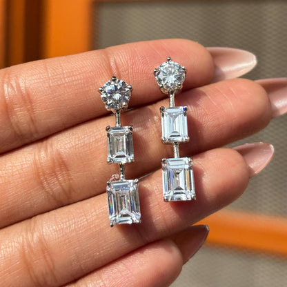 Moissanite Diamond Earrings Small Dangle Emerald Cut Minimalist CZ Cubic Zirconia Bride Wedding Gift