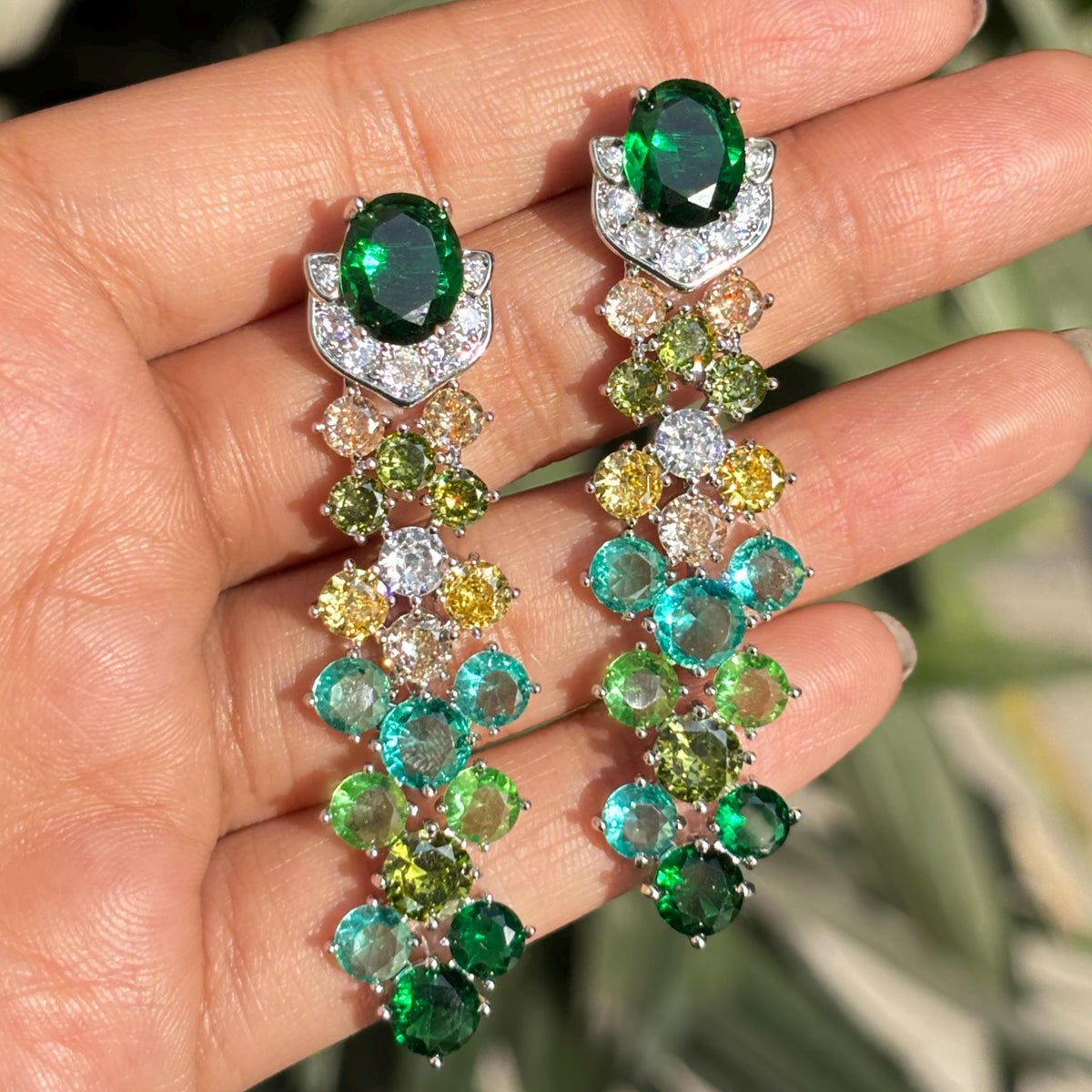 Emerald Diamond Earrings Teal Statement Long Dangle Chandelier Moissanite Multi Green Stone Jewelry Wedding