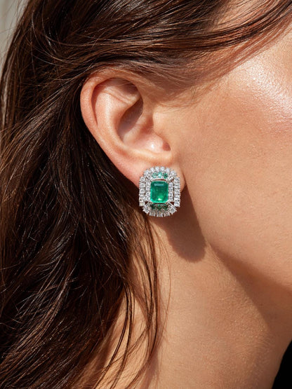 Large Emerald Doublet Earrings Statement Studs Moissanite Diamond Green Paraiba Tourmaline Cubic Zirconia Jewelry