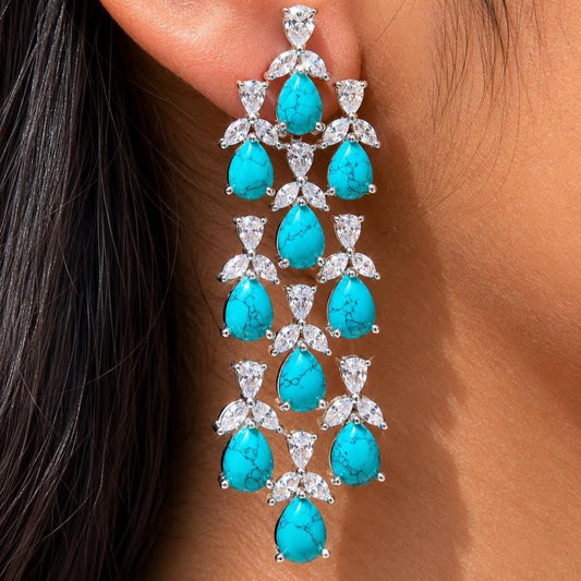 Large Turquoise Earrings Statement Big Chandelier Long Dangle Firoza Stone Moissanite Blue Gemstone Jewelry