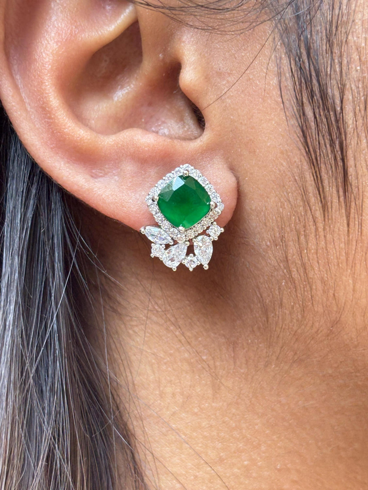 Green Paraiba Tourmaline Stud Earrings CZ Moissanite Emerald DOublet Stone Jewelry Everyday Gift Her