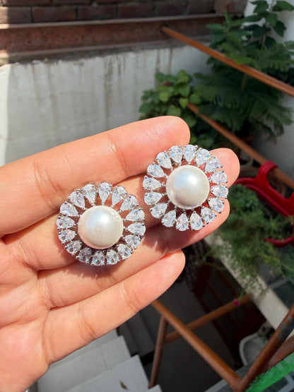 Large Pearl Earrings Cubic Zirconia CZ Moissanite Statement Studs Big Huge Everyday Style Wedding