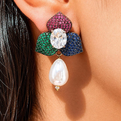 Pearl Drop Earrings Pave Setting Ruby Stone Sapphire Diamond Green Emerald Multicolor Wedding Jewelry