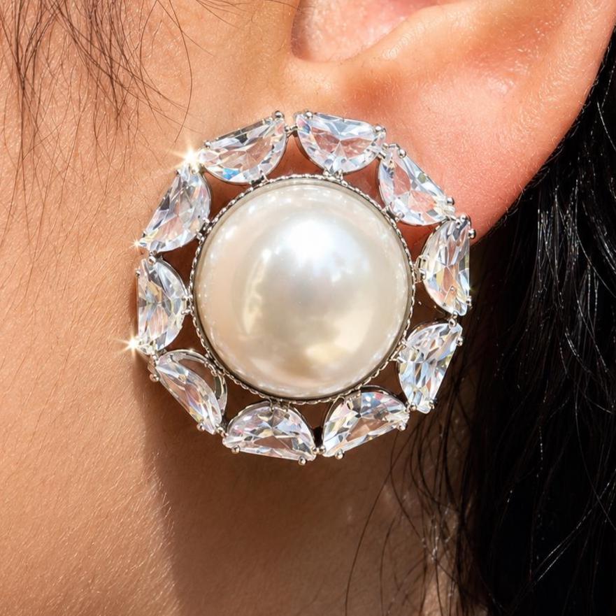 Huge Pearl Diamond Earrings Statement CZ Moissanote Large Studs Cubic Ziconia Bride Wedding Gift