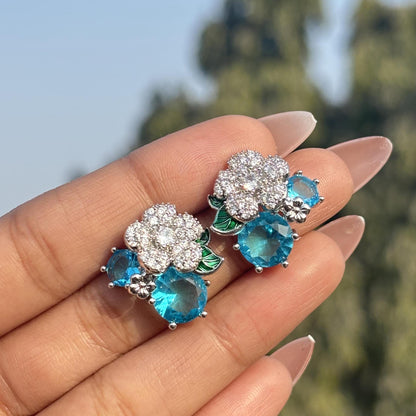 Aquamarine Earrings Small Studs Aqua Blue Stone Jewelry Flower Moissanite Diamond Prom Gift Her