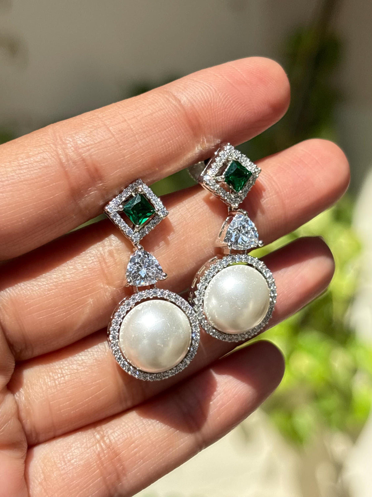 Pearl Emerald Earrings Moissanite Diamond Dangle Drop Statement Cubic Zirconia Green CZ Jewelry Wedding